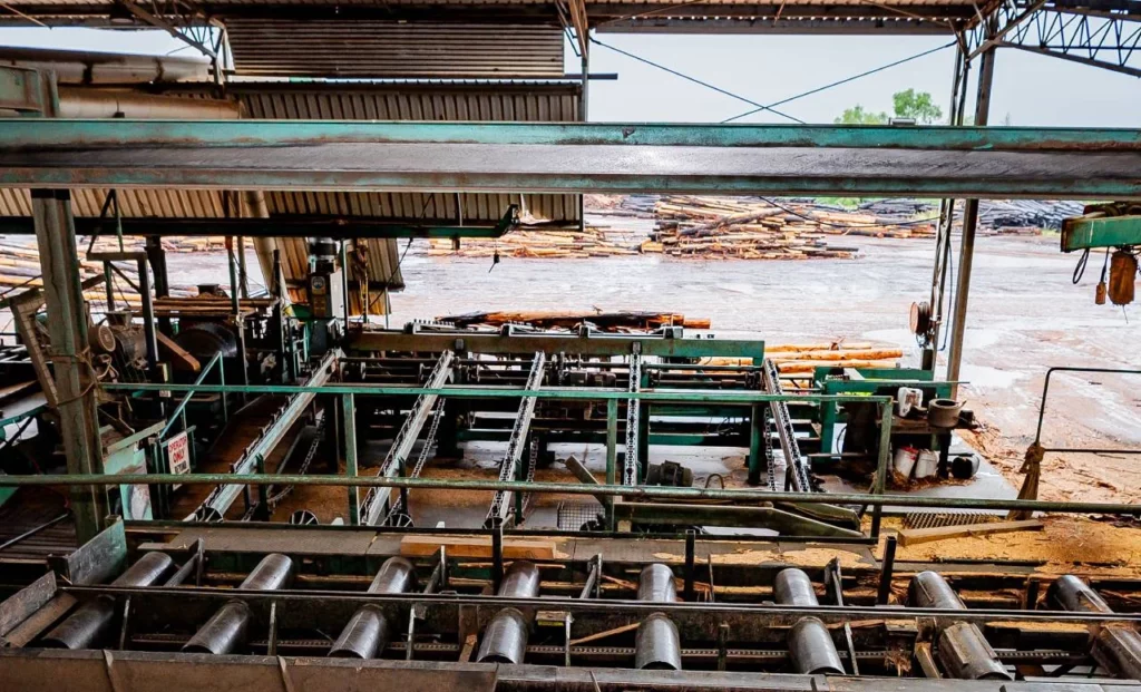 A sawmill with metal machinery and rollers processes logs. Piles of cut timber and logs are visible outside on a wet, open yard under a metal roof structure.