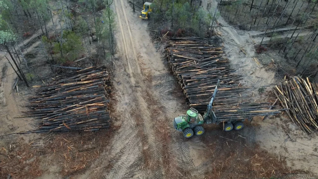 Aerial view of a deforested area with stacks of cut logs, two green logging vehicles, and dirt roads surrounding small patches of remaining trees.