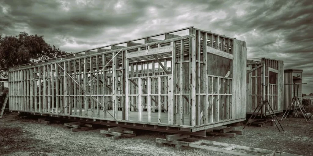 A wooden frame structure of a building under construction sits on raised blocks outdoors, beneath a dramatic cloudy sky.