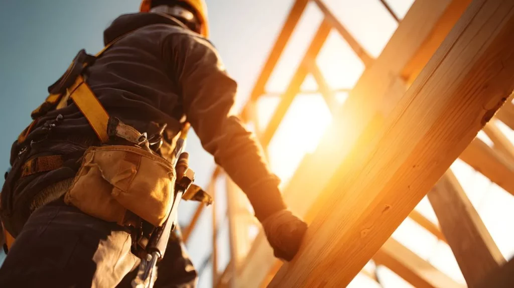 A construction worker wearing a hard hat and tool belt stands on a building framework, with sunlight shining through wooden beams in the background.